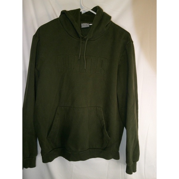 Vintage Y2K Embossed Puma Olive Green Hoodie Mens Large Pullover‎ Sweatshirt - Picture 1 of 3
